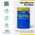 A blue and yellow can of Ultra Bitumen Emulsion by UCDA, shown on a white background with product features and certification icons on the left.